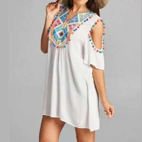Velzera Embroidered Pom Pom Cruise Dress Cover Up - Picture 1 of 8